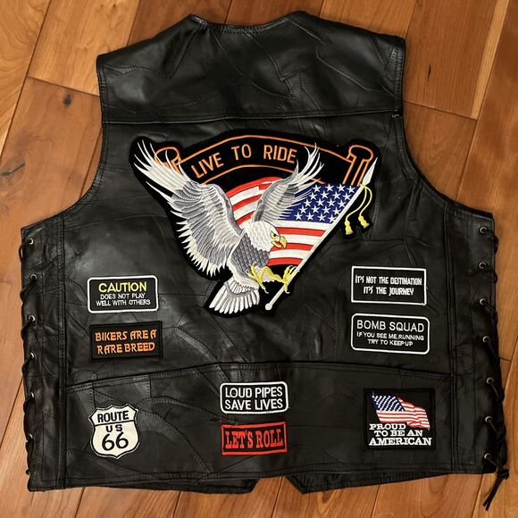 Diamond Plate Buffalo Leather Mens Vest with Patches 3X - Picture 7 of 13